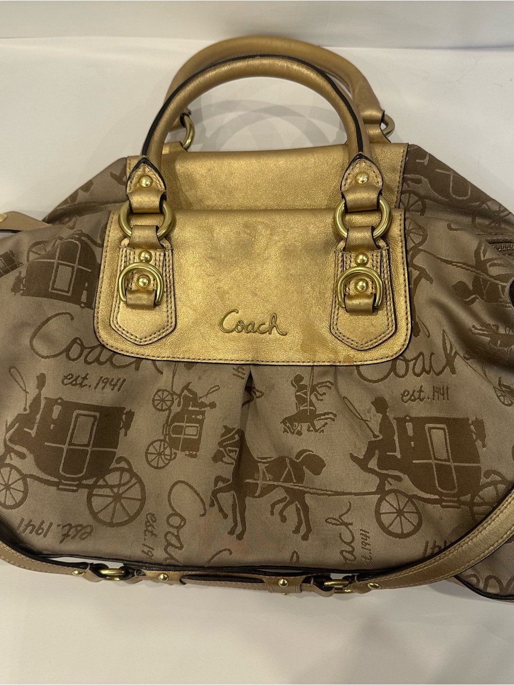 Coach Metallic Gold and Brown Signature Shoulder Bag with strap
